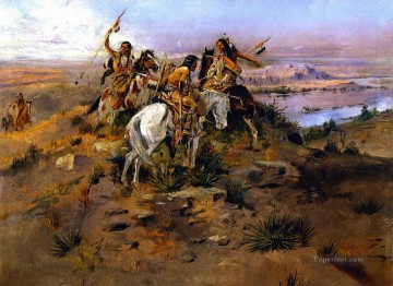 アメリカインディアン Painting - ルイスとクラークを発見するインディアン 1896年 チャールズ・マリオン・ラッセル アメリカ・インディアン